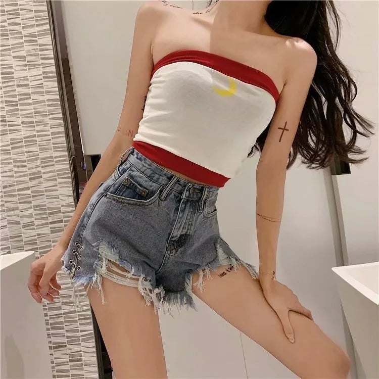 Feynzz Fashion New Summer Women High Waist Button Wigh Leg Jeans Shorts Casual Female Loose Fit Blue Denim Shorts
