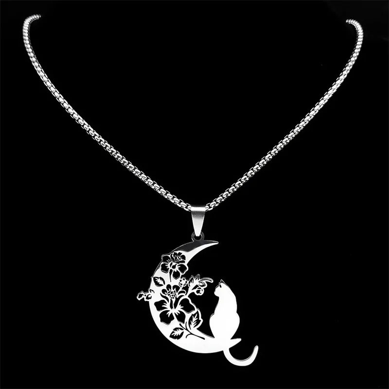 Aesthetic Cat Flower Moon Crescent Necklace for Women Men Stainless Steel Silver Color Bohemia Chain Gift Jewelry collar 3220