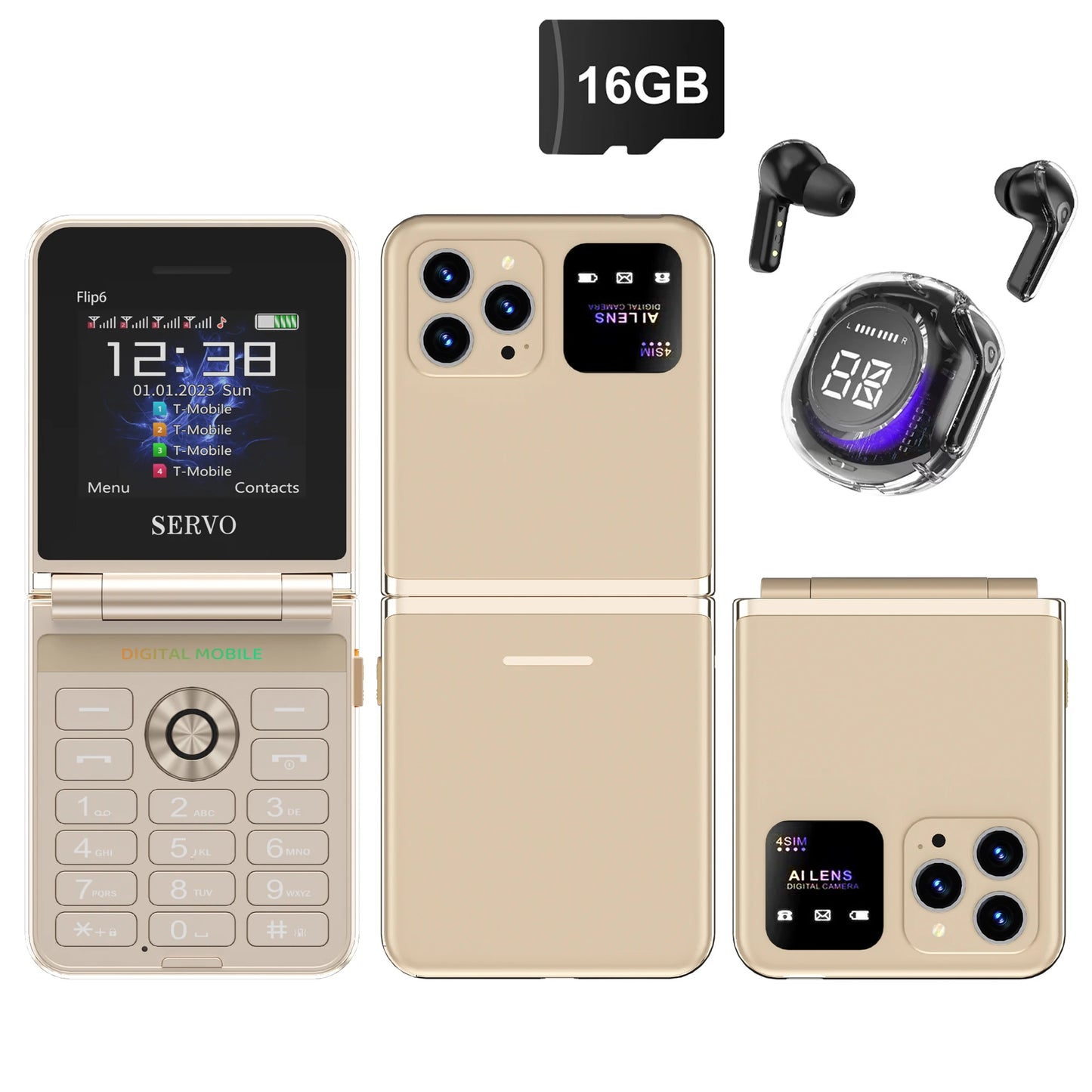 SERVO Flip6 GSM Fold Mobile Phone 4 SIM Card 2.4'' Screen Auto Call Record Button Torch Speed Dial Magic Voice Popular Cellphone