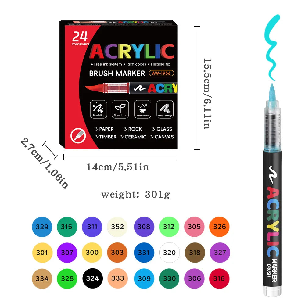 12/24/36/48 Color Acrylic Paint Pen Markers Brush Tip Paint Marker For Rock Painting Wood Canvas Stone, Christmas Gift DIY Craft