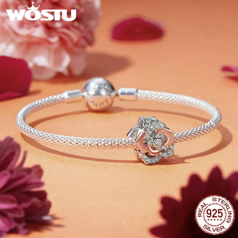 WOSTU 925 Sterling Silver Tree of Life Pendant Plated White Rose Gold Rose Charm Spacer Beads Fit Original Bracelet for Women