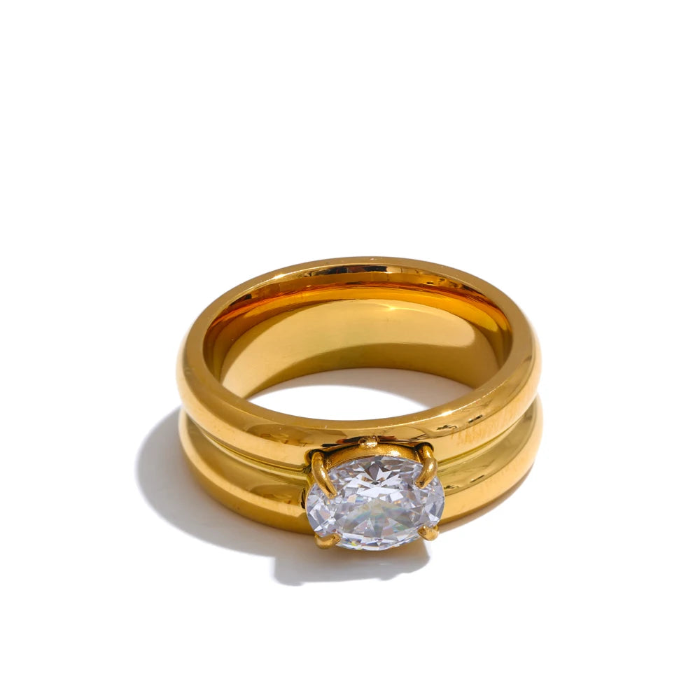 Yhpup 678# Exquisite Stainless Steel Shiny Zirconia Fashion Metal Ring 18K Gold Color PVD Plated High Quality Versatile Jewelry