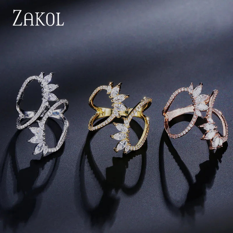 ZAKOL Cute Style White Color CZ Zirconia Leaf Open Rings Geometric Adjustable Ring Jewelry for Women Party Gift RP2015