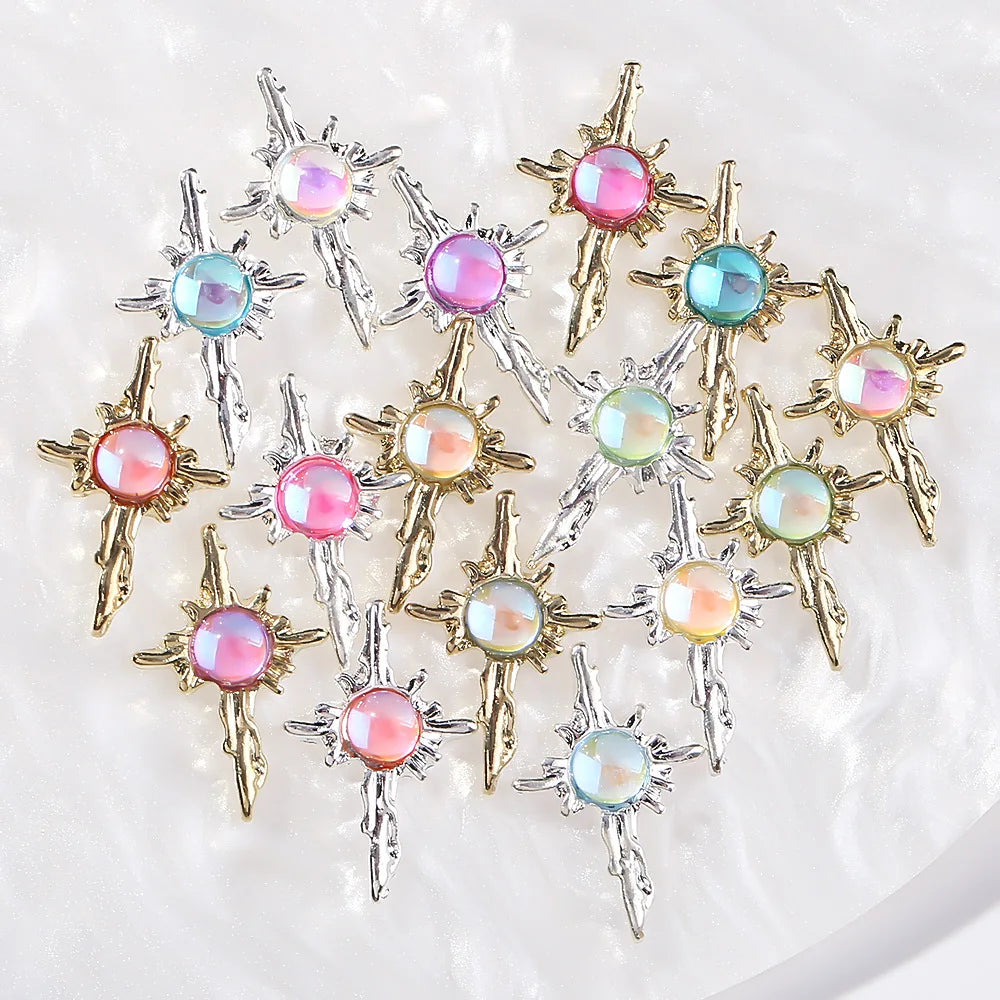 10pcs Round Zircon Nail Rhinestones 3D Candy Jelly Aurora Gem On Tips Gold/Silver Cross Nail Decor Parts DIY Luxury Nail Parts