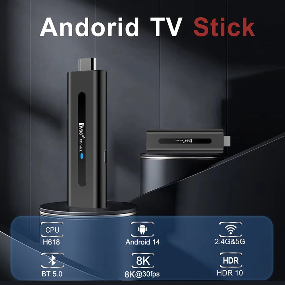 TV98 8K ATV Smart TV Stick BT5.0 Android 14 ATV Allwinner H618 2.4G 5G Wifi Support OTA 4K Player 2GB 16GB Voice remote TV Box