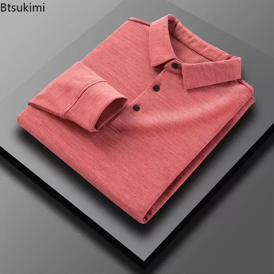 2024 Men's Casual Warm Shirts Tops Solid Autumn Winter Thick Long Sleeve Polo Shirts Male T-Shirt Business Formal Basic Shirts