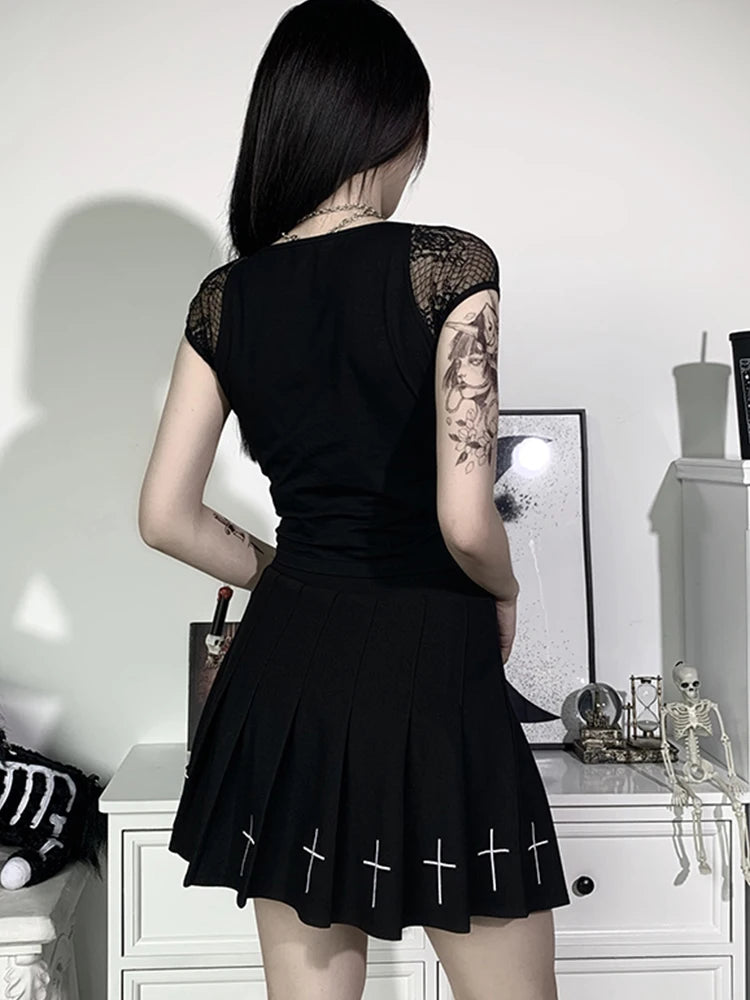 Vintage Tops Goth T-shirt Women Bodycon Bandage Lace Black T-shirts Gothic Streetwear Sexy Female Top Casual Mesh Tee