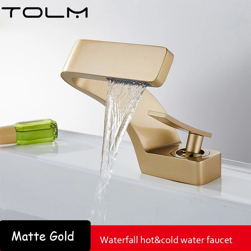 TOLM Chrome White Basin Faucet Deck Mounted Waterfall Bathroom Vessel Sink Mixer Tap Single Handle Hot Cold Water Tap