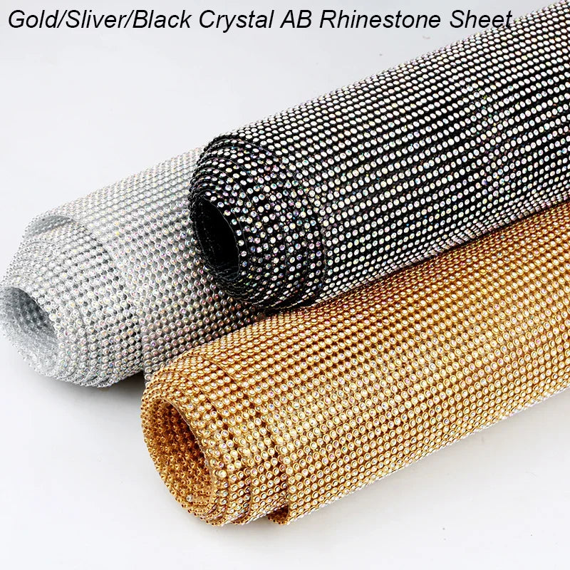 45x60cm Hotfix Gold/Sliver/Black Crystal AB Aluminum Rhinestone Sheet Glass Crystal Rhinestone Trim Iron on Garment Accessories