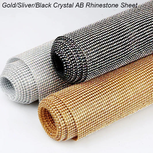 45x60cm Hotfix Gold/Sliver/Black Crystal AB Aluminum Rhinestone Sheet Glass Crystal Rhinestone Trim Iron on Garment Accessories