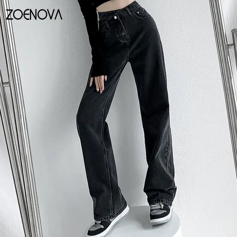 ZOENOVA Y2K 2023 Women Clothing Cross Waist Straight Wide Leg Pants Chic Korean Casual Commuting Style Baggy Streetwear Jeans