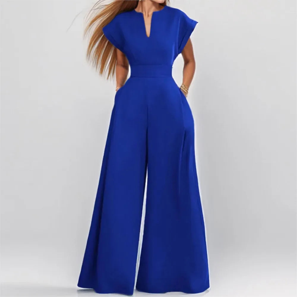 Elegant Women Long Jumpsuit 2024 Summer Wide Leg Pants Romper Casual Short Sleeve Playsuit Holiday Communting Overalls