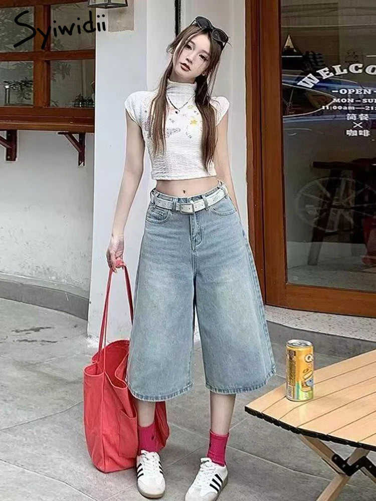 Syiwidii Bermuda Shorts Streetwear American Retro Jeans Fashion Y2k Denim Shorts Women Baggy Jeans High Street Summer Chic Jeans