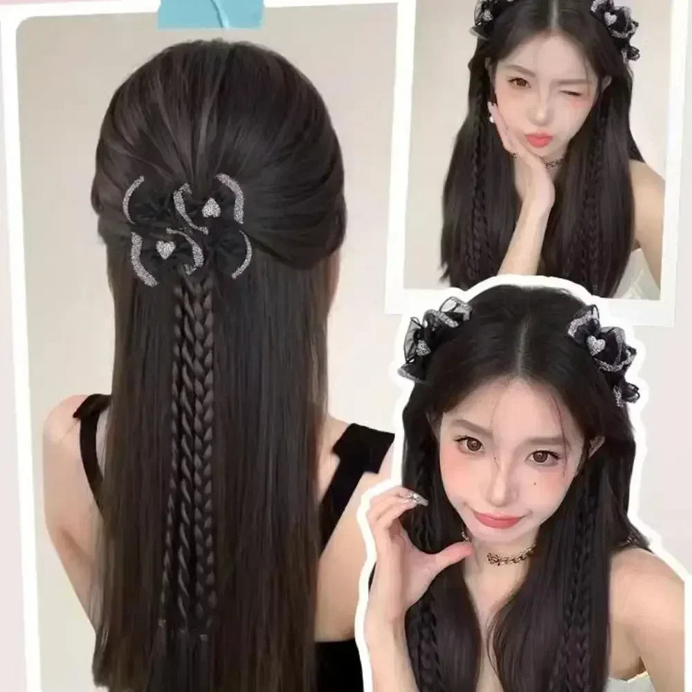 Y2K Girls Bowknot Twisted Braided Synthetic Wig Simulation Double Ponytail Women Extensions