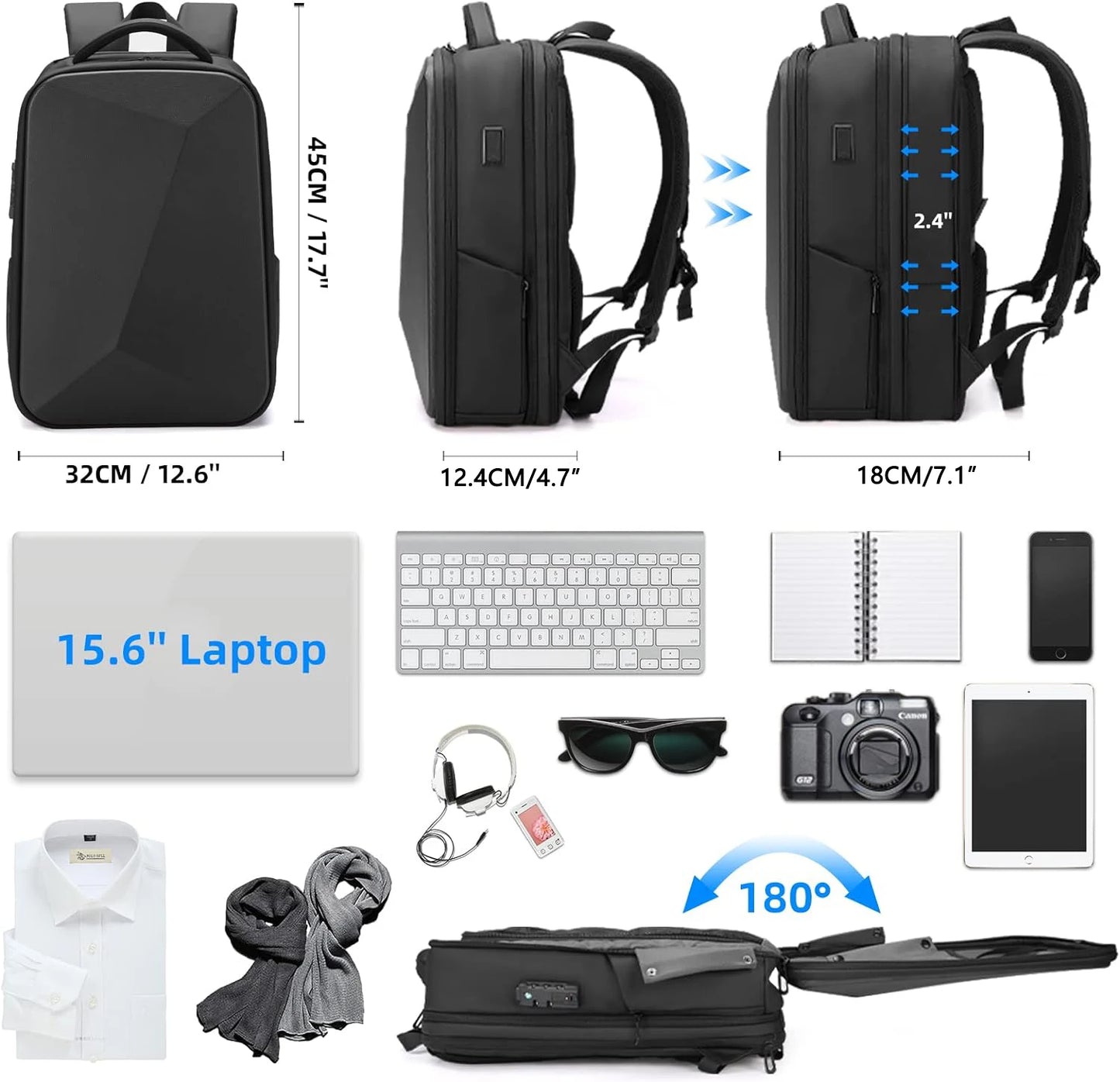 15.6inch Laptop Backpack Expandable Hard Shell Bag TSA Anti-theft Waterproof mochilas de hombre USB Charging Business Travel Bag
