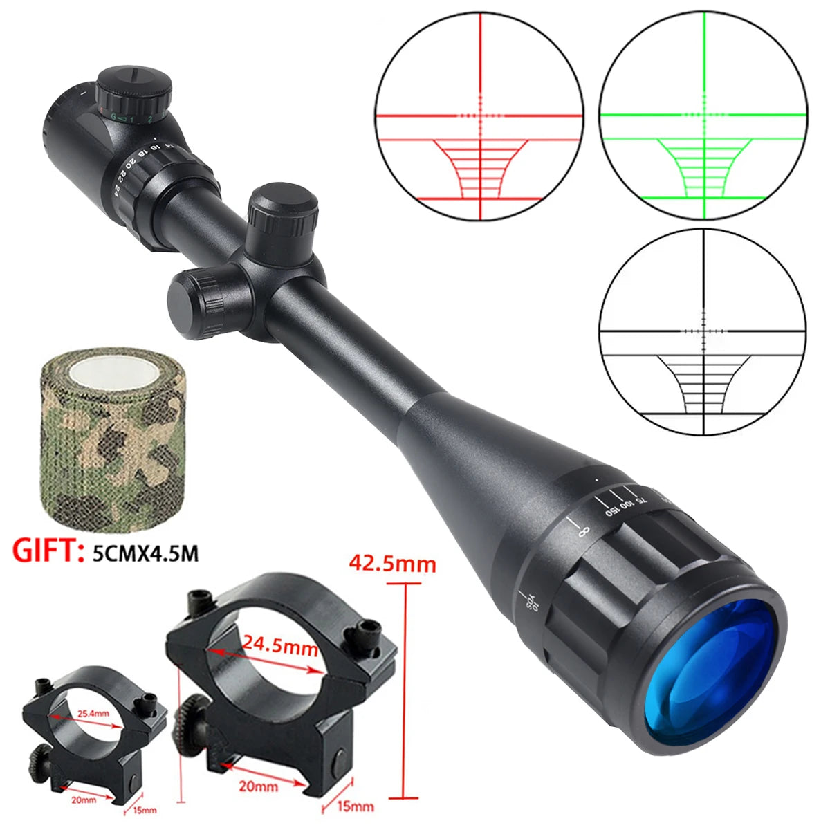 Tactical 6-24x50 AOEG Optical Sight Long Range Rifle Scope with Red Green Dot Laser Combo Riflescope Hunting Airsoft Scopes