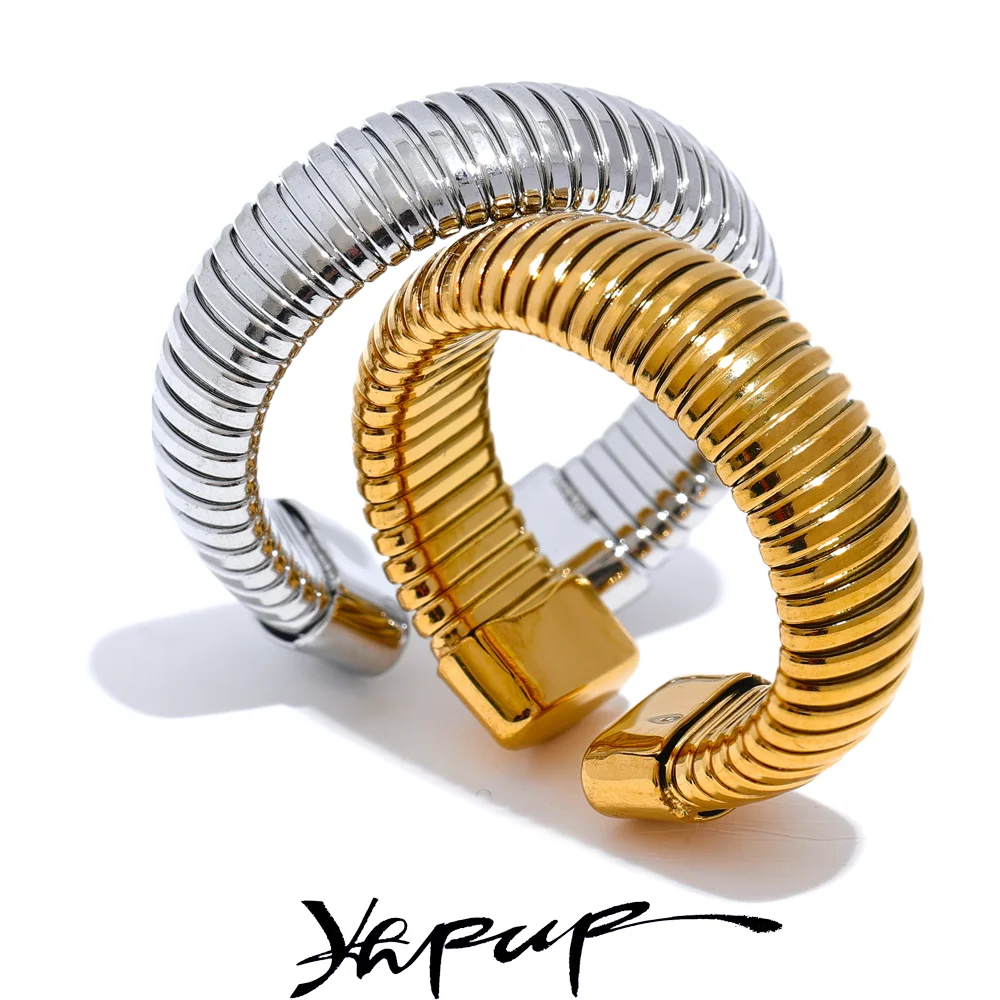 Yhpup Fashion Stainless Steel Round Elastic Open Ring 2023 Minimalist 18K PVD Plated Metal Classic Texture Jewelry Anillo Bijoux