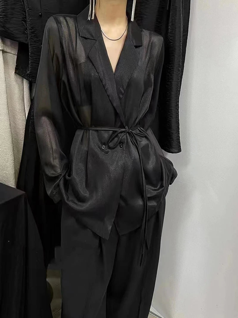 MEXZT Elegant Sheer Shirts Women Black Bandage Long Sleeve Blouses Summer Office Ladies Blazer Korean Fashion Sunscreen Tops New