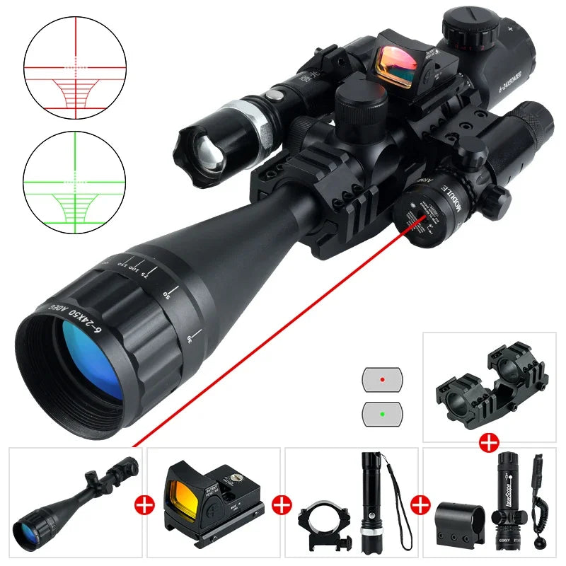 Tactical 6-24x50 AOEG Optical Sight Long Range Rifle Scope with Red Green Dot Laser Combo Riflescope Hunting Airsoft Scopes