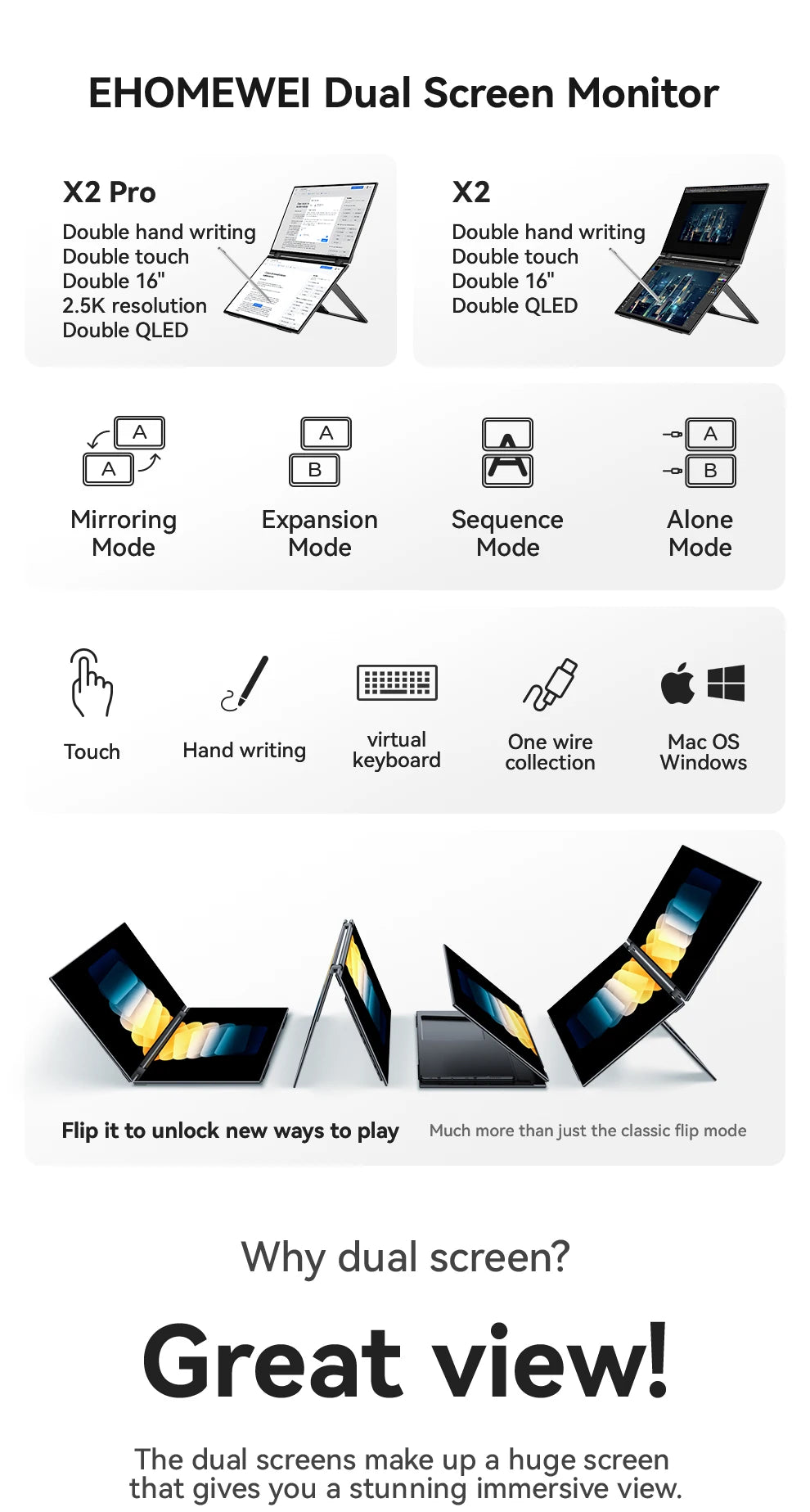 EHOMEWEI Dual Screen Portable Monitor X Series Drive-free Phone-touch FHD 2K 15.6“  16“ For Laptop Windows Macbook