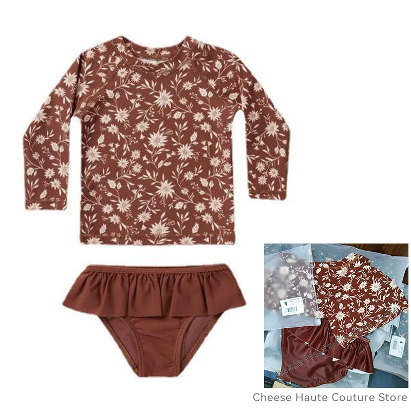 RC Baby Girls Swimwears 1-12y Kids Long Sleeve Sunscreen Floral Toddler Swimming Swimsuit Striped Bikini Suits 2022 Hot Clothes