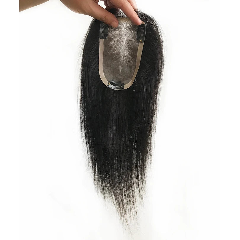9X14CM Virgin Human Hair Toupee For Women #3 Net Straight Toppers 8x12cm Natural Black Color 8-12inch