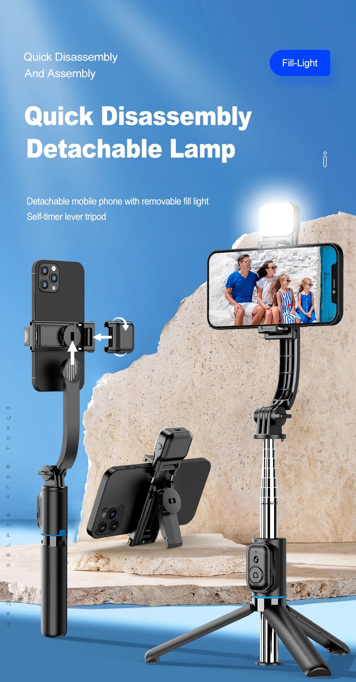 C01s Selfie Stick Tripod with Fill Light, Detachable Phone Bracket Monopod,  Wireless Bluetooth Remote for Huawei iPhone Android