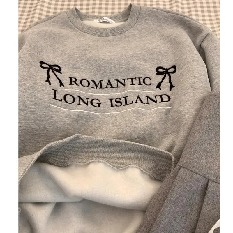 Korean Casual Bow Knot Shirts Letter Embroidery Long Sleeve Pullovers Tops O-neck Plush Sweatshirts Solid Loose Shirts For Women