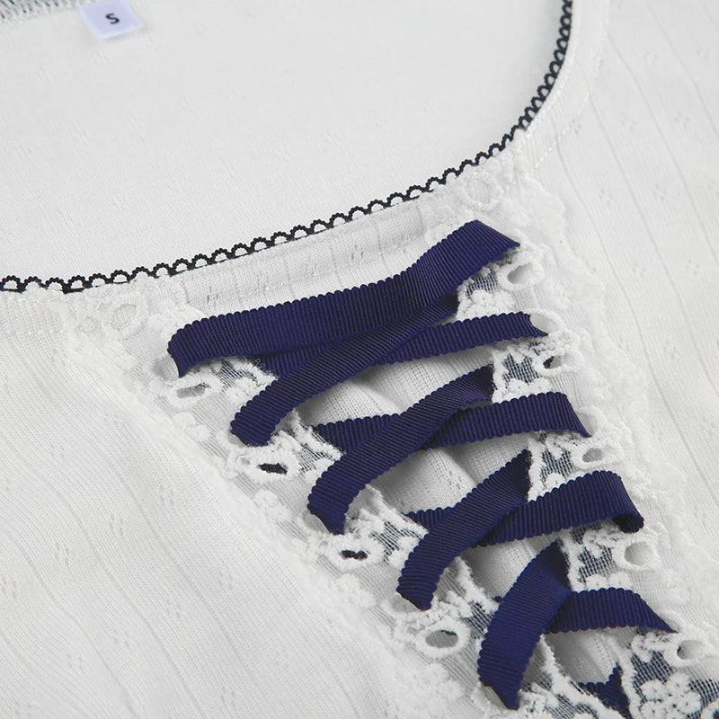 CIBBAR Chic Bow Bandage White Crop Top Women Casual White Short Sleeve Slim-fitting T-shirts Summer Basic Skinny Tees y2k Ladies