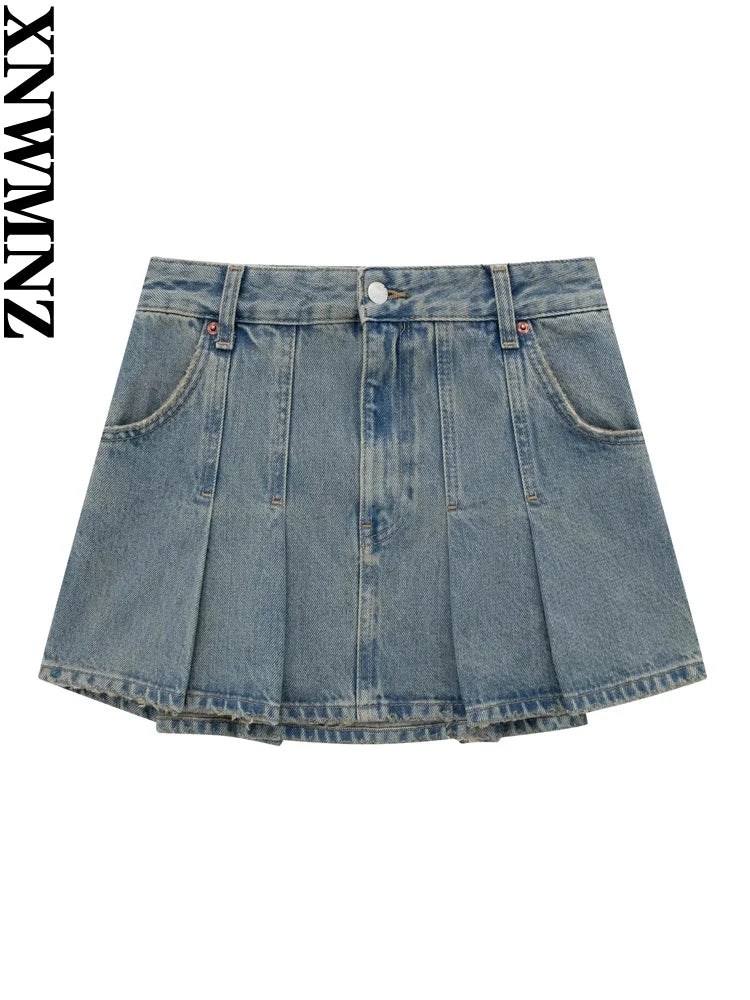 XNWMNZ Women's Fashion 2023 Denim Box Pleated Mini Skirt Women High Street High waist Zipper Versatile Female Chic Dresses