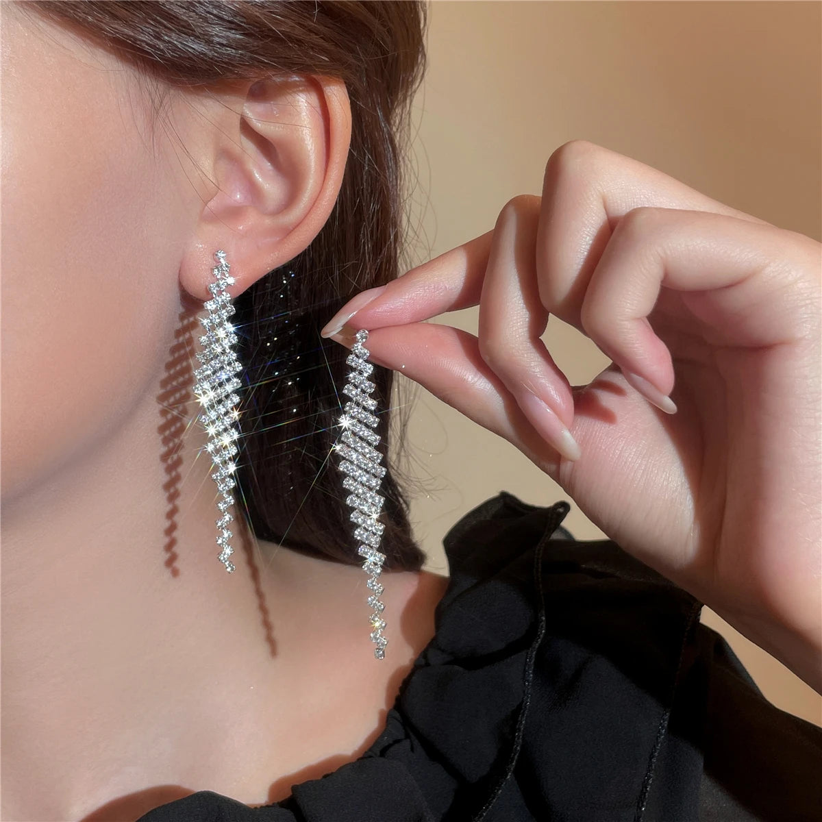 Shiny Multicolored Crystal Long Drop Earrings For Women Brides Classic Geometry Square Dangle Earring Wedding Party Jewelry Gift