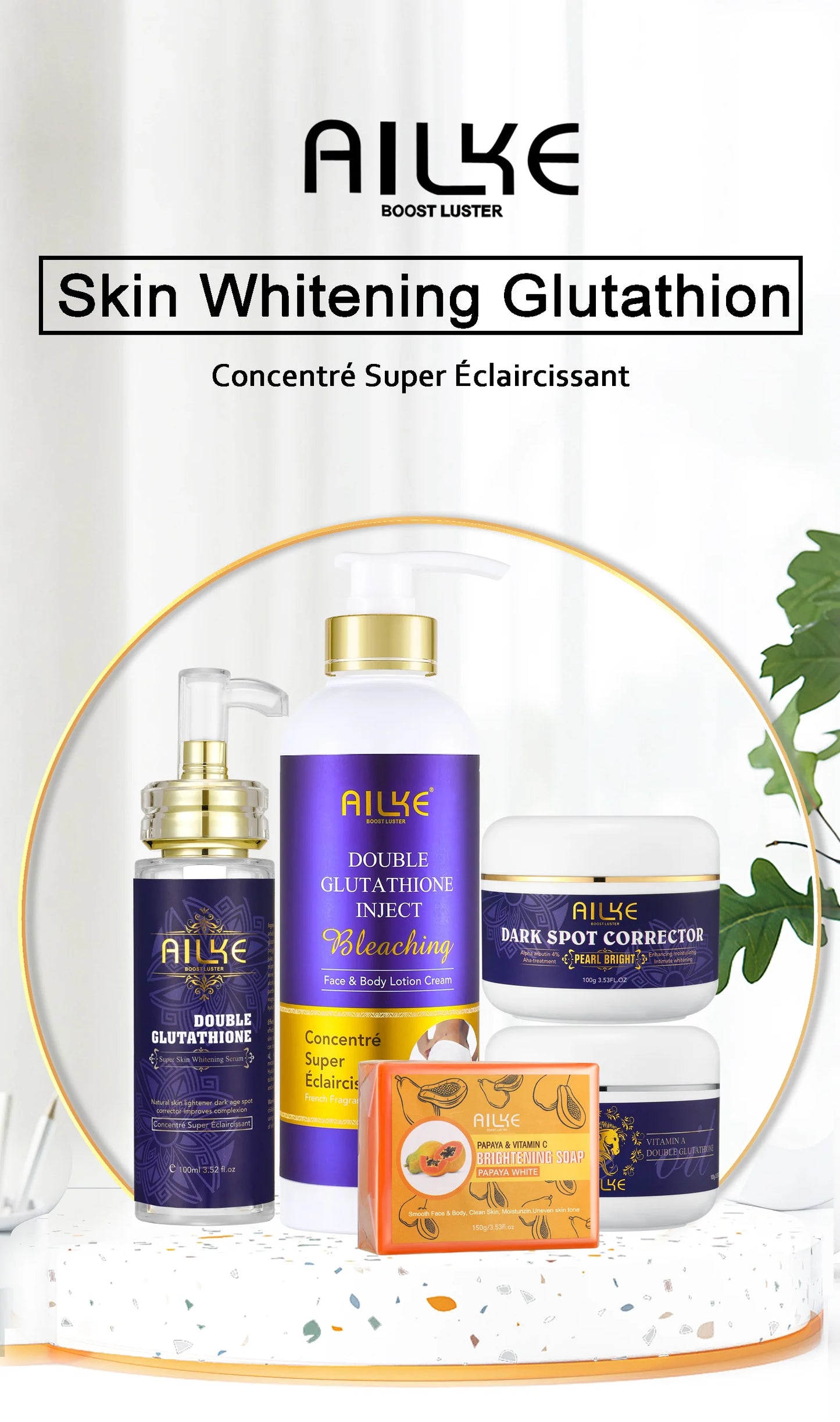 AILKE Double Glutathione Whitening Skin Care, Lightening, Remove Dark Spots, Skin Radiant, Moisturizing, Hydrating, Smooth