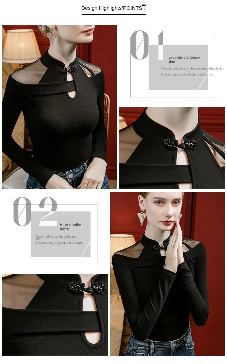 Vintage Irregular Mesh Long Sleeve T-Shirt, Show Collarbone Tops for Fall and Winter, Unique Qipao Base Shirt for Women