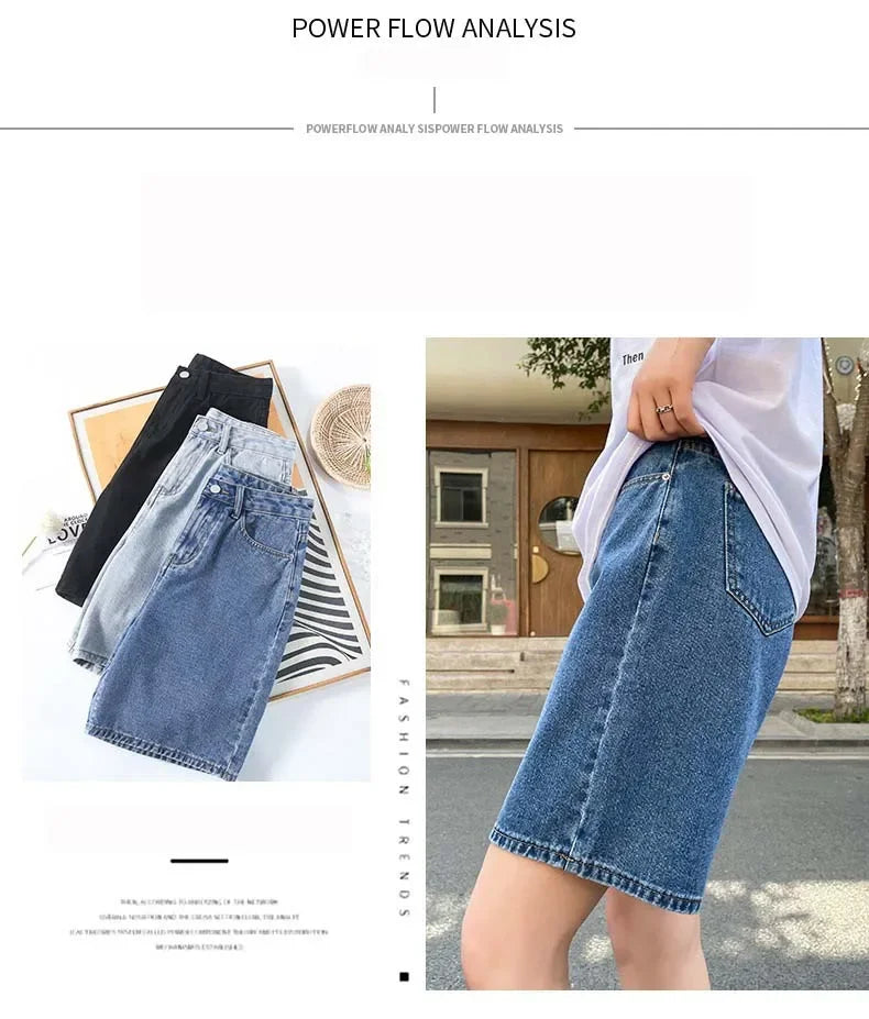 Korean Style Classic Denim Shorts Women Summer Blue High Waisted Shorts Wide Leg Pants Streetwear Stright Jeans Womens Shorts