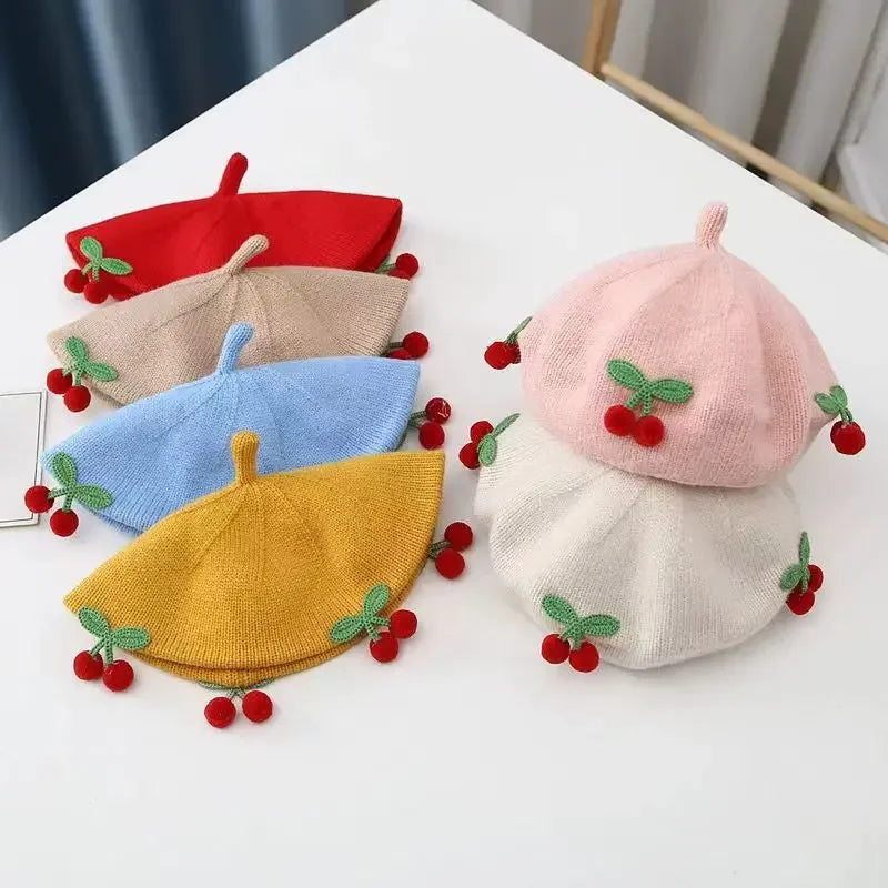 Spring And Autumn Girl Children British Painter Hat Baby Wool Fashion Kawaii Cherry Women Beret Caps