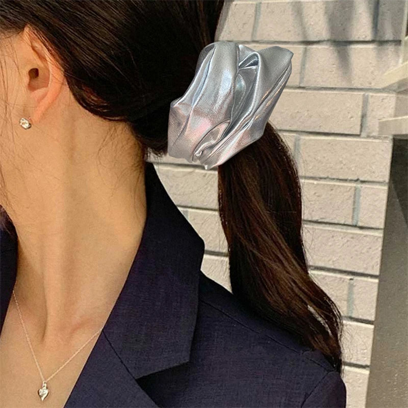 Silver Leather Large Intestine Hair Band Y2k Punk Personality Scrunchies Headwear High Ponytail Hair Band Hair Accessories New