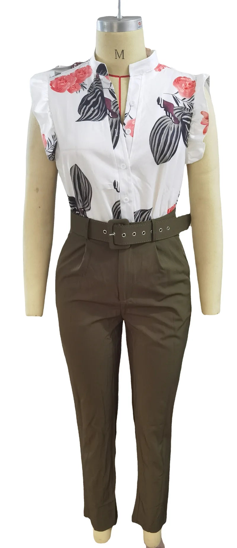 Womens Elegant Slim Two-Piece Sets Summer Fashion Print V Neck Button Flying Sleeve Shirt Top & Solid Long Pants Suits With Belt