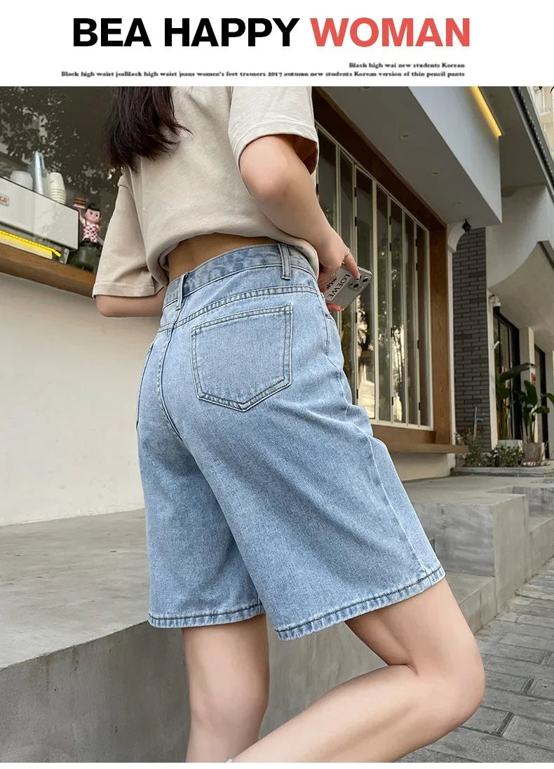 Korean Style Classic Denim Shorts Women Summer Blue High Waisted Shorts Wide Leg Pants Streetwear Stright Jeans Womens Shorts