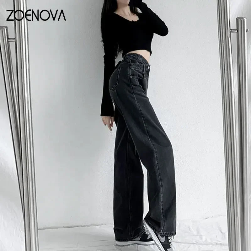 ZOENOVA Y2K 2023 Women Clothing Cross Waist Straight Wide Leg Pants Chic Korean Casual Commuting Style Baggy Streetwear Jeans