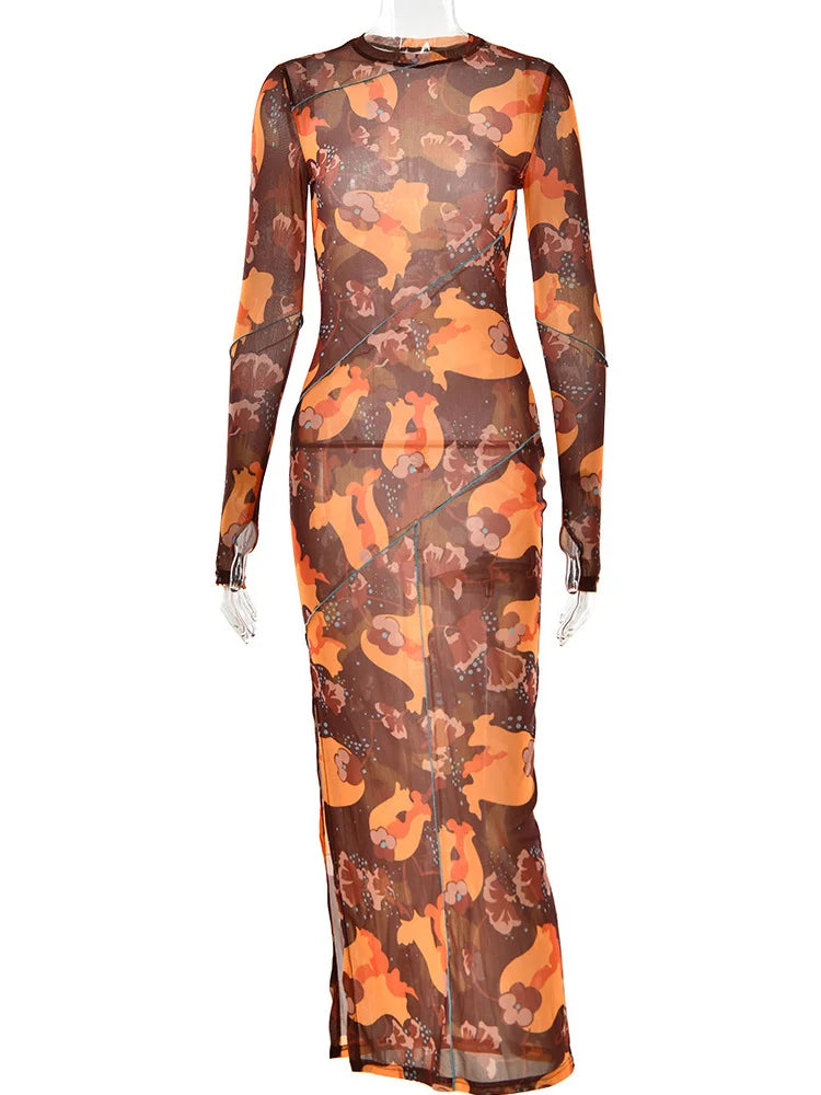 Fantoye Sexy Mesh Printed Transparent Pullover High Waist Women Dress O-Neck Long Sleeve Casual Nightclub Female Dress New 2023