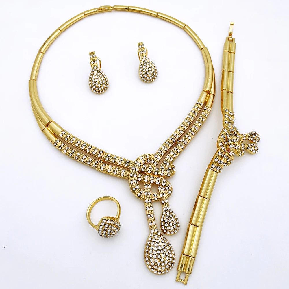 Dubai Gold Color Women Jewelry Sets Classic Design Necklace Earrings Charm Bracelet Ring  Banquet Party Jewelry 18K Gold Plated