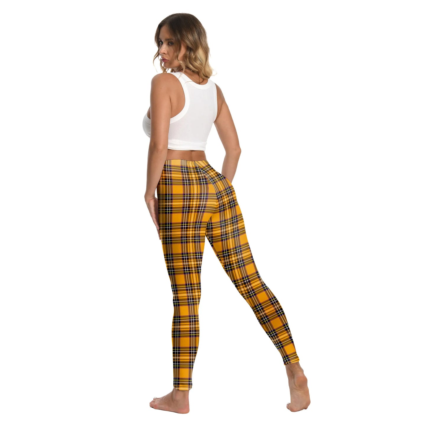 Zawaland Women Pants Yellow Tartan 3D Printing Leggings Halloween Stripe Trousers Female Elastic Tights Mid Waist Long Pants