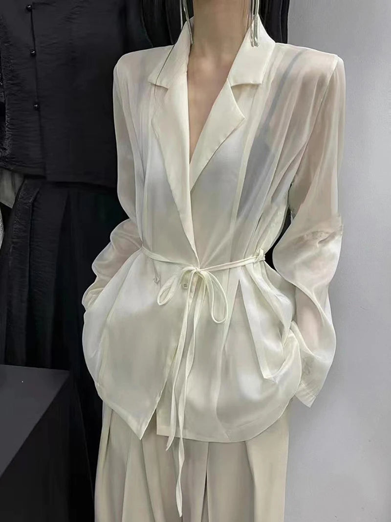 MEXZT Elegant Sheer Shirts Women Black Bandage Long Sleeve Blouses Summer Office Ladies Blazer Korean Fashion Sunscreen Tops New