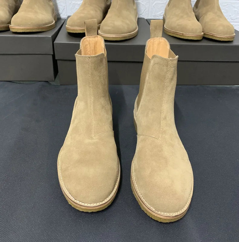 Brown Real Leather Elastic band Slip On Chelsea Boots Low Heels Men's Party Shoes Heel 3cm Wedding Botas