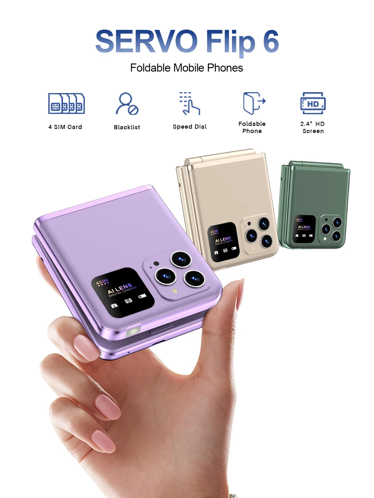 SERVO Flip6 GSM Fold Mobile Phone 4 SIM Card 2.4'' Screen Auto Call Record Button Torch Speed Dial Magic Voice Popular Cellphone