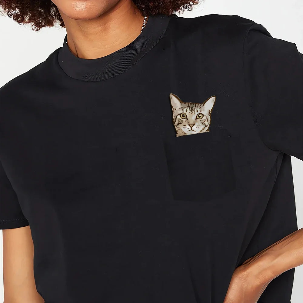 CLOOCL Animals Cat Pocket T-Shirts Tabby Middle Finger Printed T-shirt Men for Women Summer Short Sleeve Shirts Cotton Tees Tops