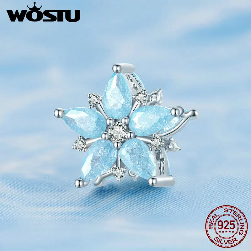 WOSTU 925 Sterling Silver Snowflake Butterfly Charms Blue Crystal Crown Beads Fit DIY Bracelet Necklace Gift Winter Ice Kingdom