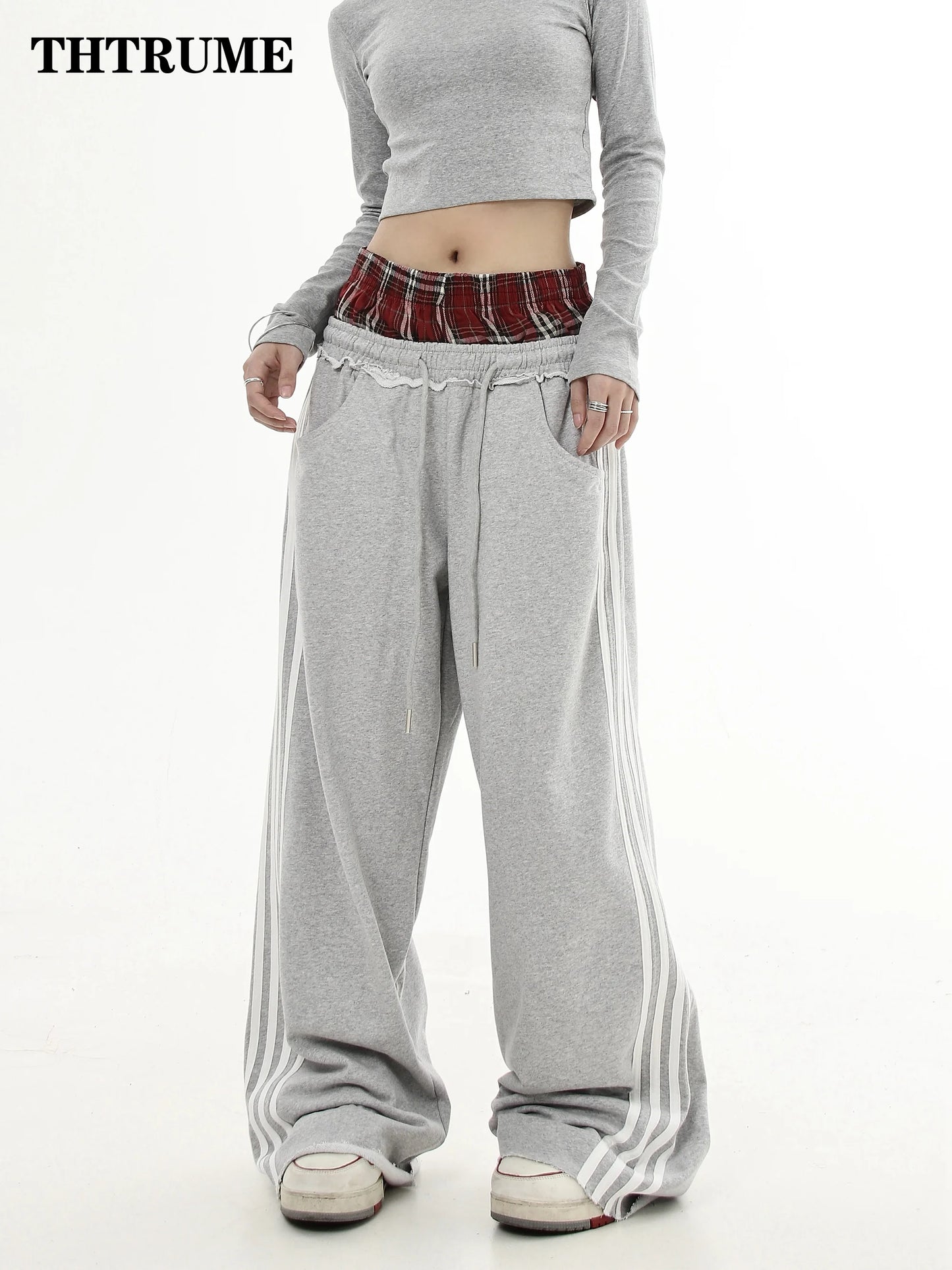 Y2K Vintage Women Pants Casual Simple Striped Loose Straight High Street Hip Hop Pant Casual Oversized High Waist Chic Trousers