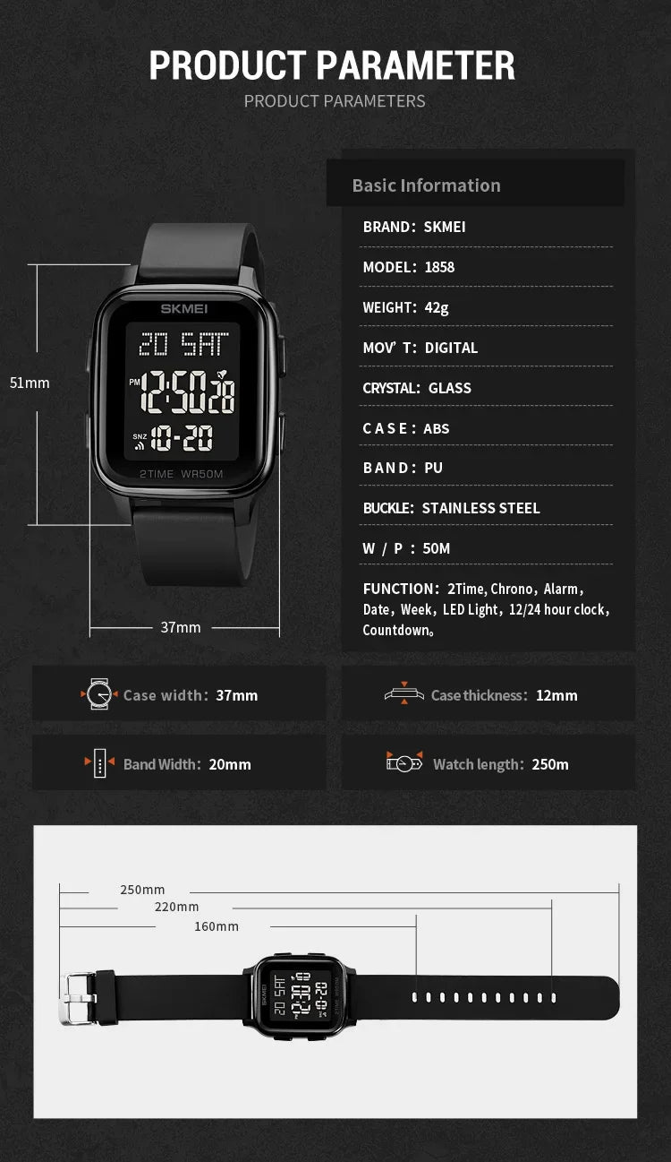 SKMEI 1858 Sports Watch for Men Waterproof Countdown Electronic LED Display Digital Wristwatches Mens Clock Reloj Hombre 1859