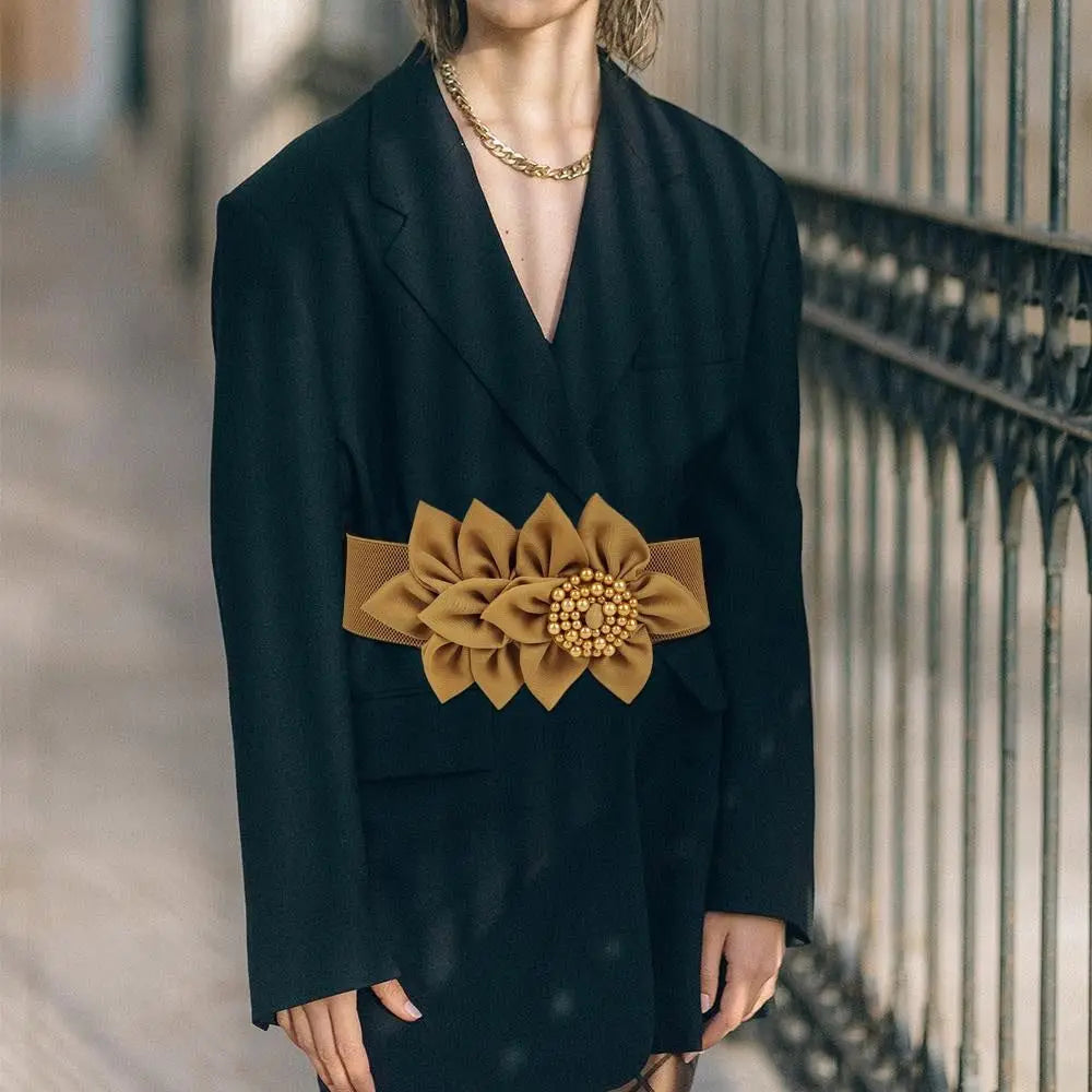 Fashion Women Stretch Waistband Flower Decoration Wide Waist Belt Dress Coat Suit Decorative Waistband